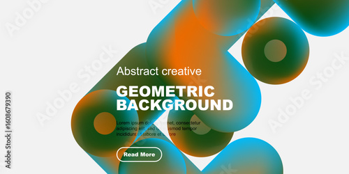 Abstract geometric background features vibrant orange, blue shapes. Text reads Geometric Background with sample text, button included.