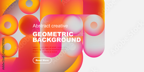 Vibrant geometric shapes overlap, creating colorful abstract background. Text promotes further exploration via button.
