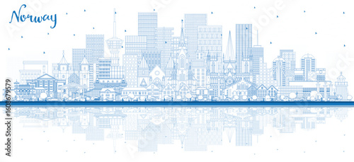Outline Norway city skyline with blue buildings and reflections. Concept with historic and modern architecture. Norway cityscape with landmarks. Oslo. Stavanger. Trondheim. Bergen.