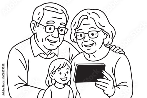 A black and white vector of grandparents and their grandchild using a phone, outlined in bold black lines, showing them smiling together during a video call.

