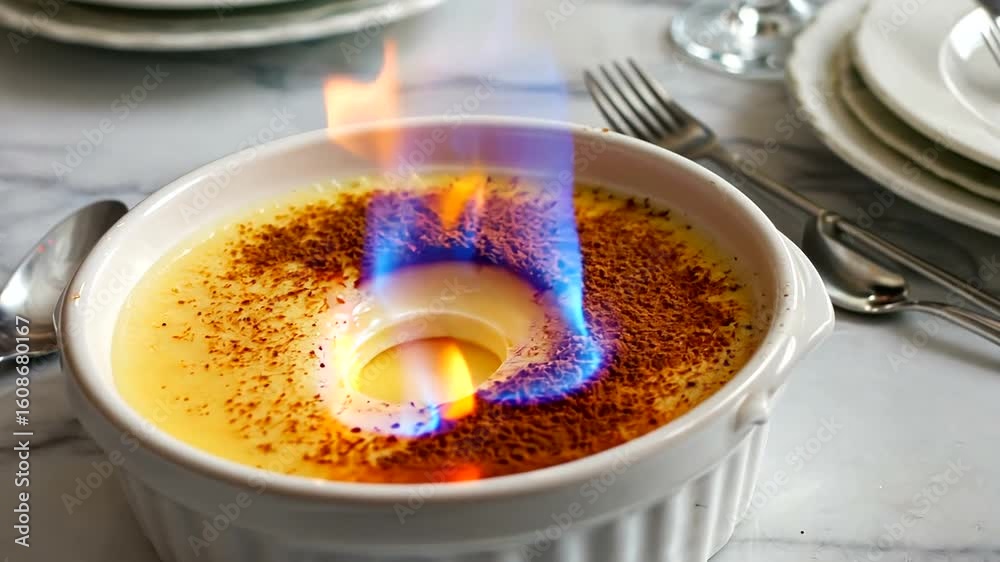 A beautifully presented dessert on a marble table, featuring a flaming custard with a caramelized top