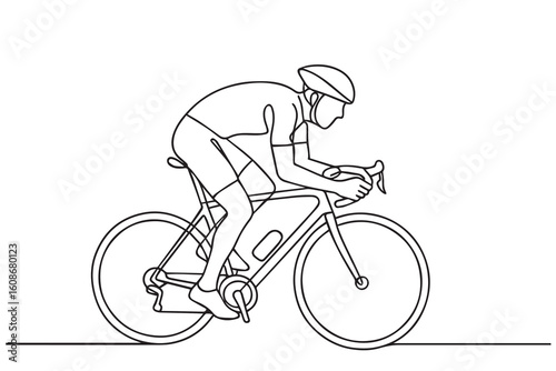 A minimalist one line vector of a man riding a road bike, drawn in black and white with bold black outlines capturing motion in elegant, simple form.