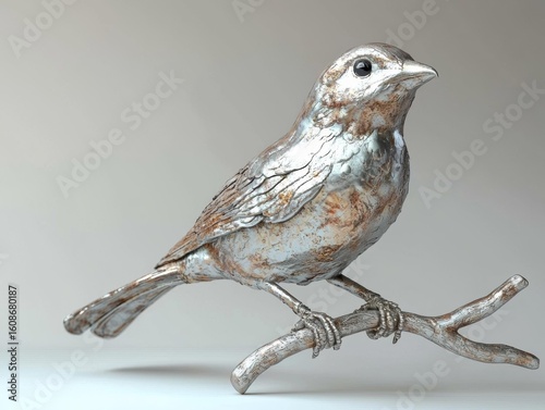 Metal bird perched on a branch. AI.
