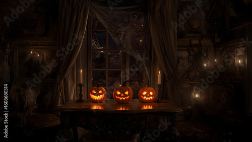 Halloween Home Interior with Pumpkins and Candles