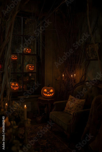 Halloween Home Interior with Pumpkins and Candles