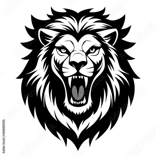 a lion head roaring with its mouth open in a simple look a logo silhouette vector illustration