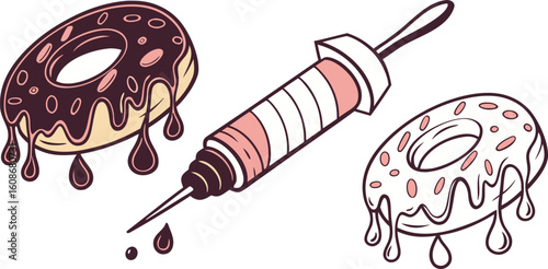 Two donuts with pink frosting and sprinkles and a syringe with pink liquid food sweet