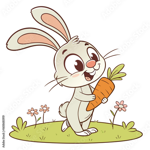 Cute cartoon rabbit holding a carrot in a happy spring illustration