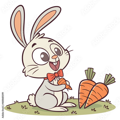 Cute cartoon rabbit holding a carrot in a happy spring illustration