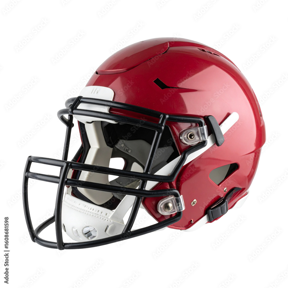 Fototapeta premium Red football helmet with face mask providing safety for players, isolated on transparent background 