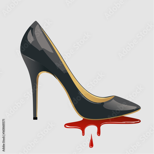 Striking illustration of a glossy black high heel with vivid red liquid drips. Conveys themes of fashion, power, intensity, or dramatic narratives. Eye-catching and impactful.