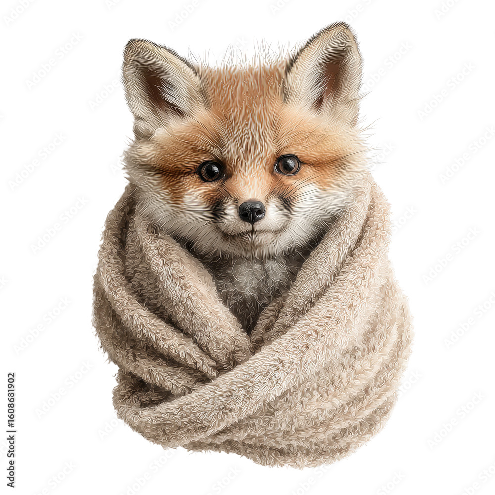 Obraz premium Adorable Fox Cub Wrapped In A Soft Textured Blanket Front View On A Transparent Background