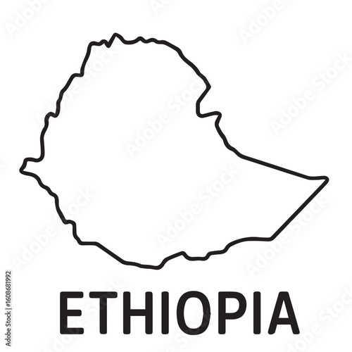 A black and white vector map of Ethiopia, outlined in bold black lines, showing its rugged shape, landlocked borders, and simplified geographic form for clean design.

