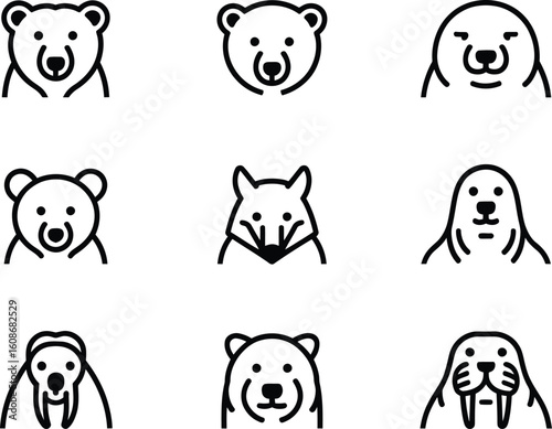 Collection of simple line art icons featuring arctic animal faces