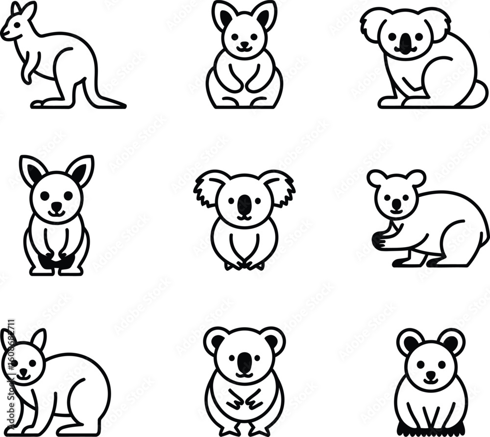 Fototapeta premium Collection of australian animal icons featuring kangaroos and koalas