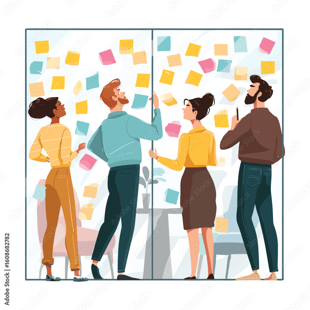 Obraz premium creative brainstorming team placing sticky notes on idea board
