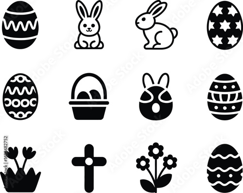 Collection of easter holiday icons in black and white silhouette style