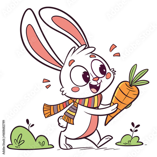 Cute cartoon rabbit holding a carrot in a happy spring illustration