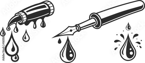 Black ink drops falling from fountain pen and ink bottle liquid