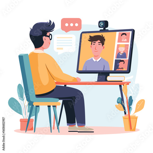 man video calling colleagues using webcam from home
