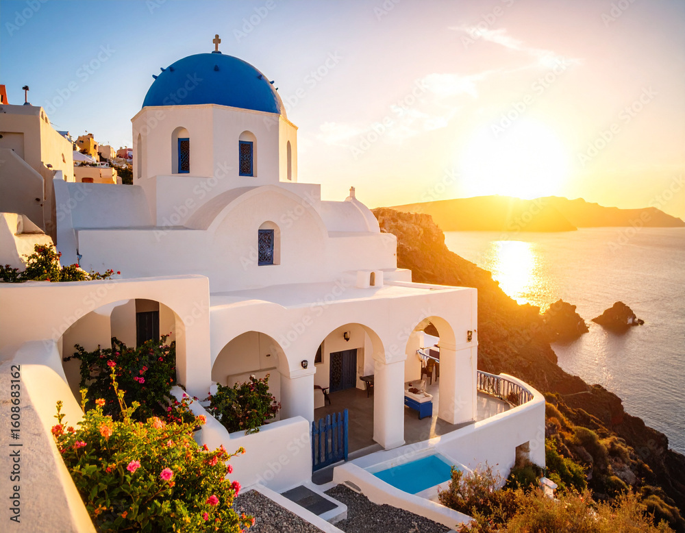 Obraz premium Discover the serenity of santorini houses greece architecture sunset coastal aesthetic beauty