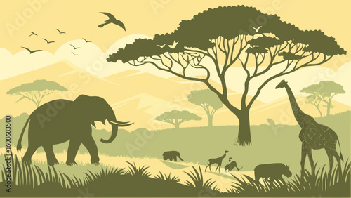 Wild animals in desert landscape with sunset sky and tree silhouettes