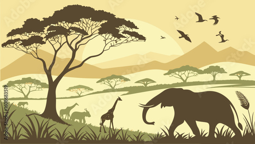 Wild animals in desert landscape with sunset sky and tree silhouettes