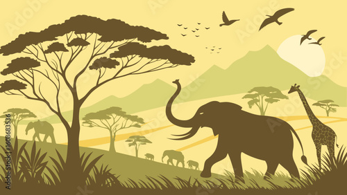 Wild animals in desert landscape with sunset sky and tree silhouettes