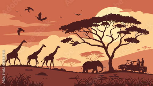 Wild animals in desert landscape with sunset sky and tree silhouettes