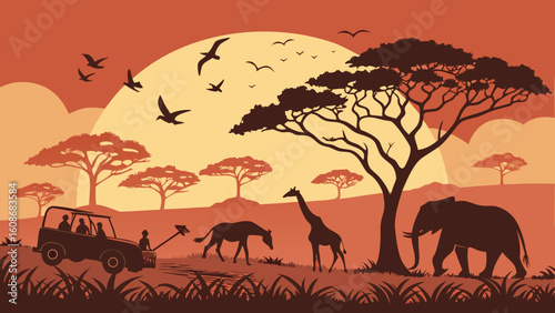 Wild animals in desert landscape with sunset sky and tree silhouettes