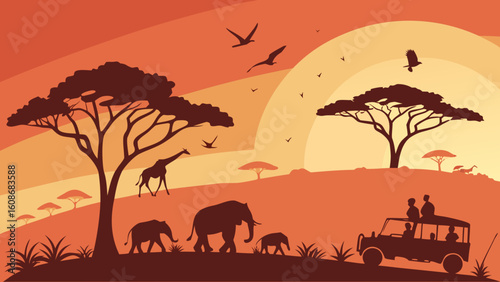 Wild animals in desert landscape with sunset sky and tree silhouettes