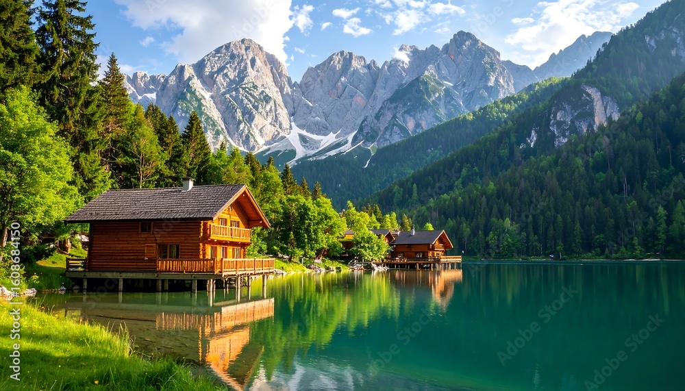 Naklejka premium Mountain lake with wooden houses reflecting in calm water