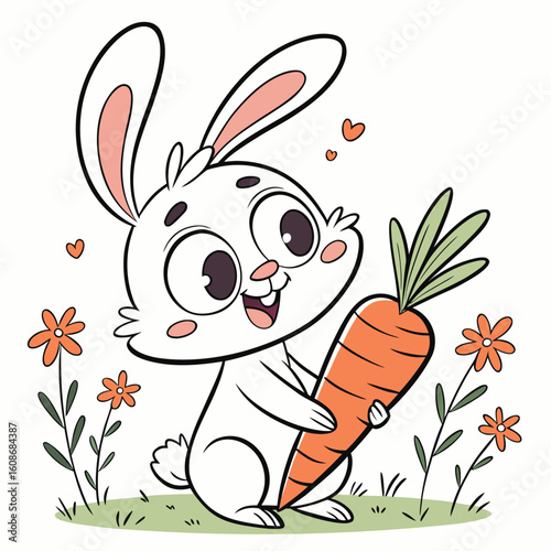 Cute cartoon rabbit holding a carrot in a happy spring illustration