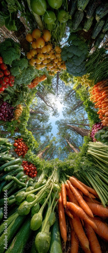 Obraz premium Authentic Organic Vegetables Ultra-Wide Fisheye View with Clear Sky Premium Healthy Lifestyle Content for Millennial Food Marketing and Social Media