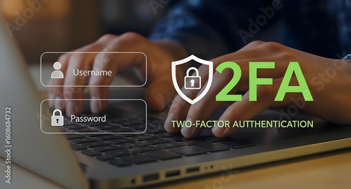 Cybersecurity login interface with two-factor authentication (2FA), highlighting username, password and data protection, perfect for illustrating secure access and digital identity safety.