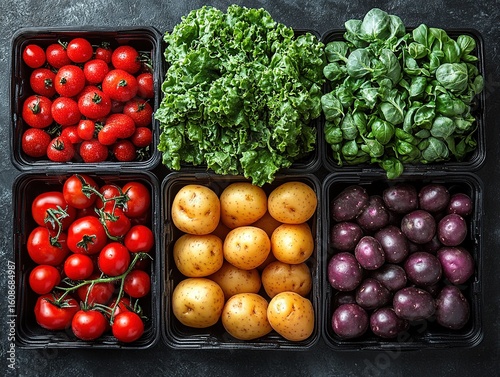 Tomatoes, Lettuce, Spinach, Potatoes in Containers on Dark Background for Food Photography and Recipe Content