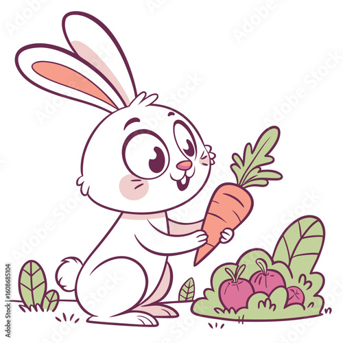 Cute cartoon rabbit holding a carrot in a happy spring illustration
