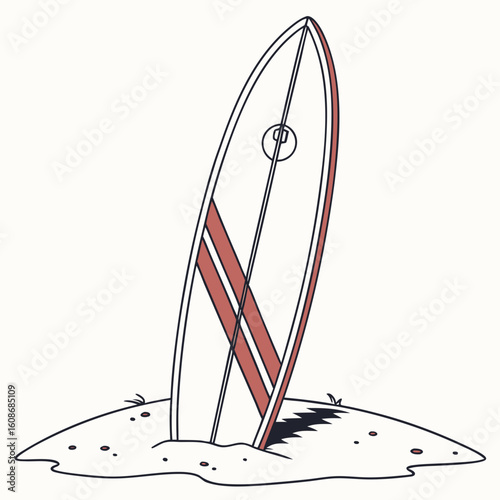 Surfboard standing upright in sand on a beach with a simple graphic design