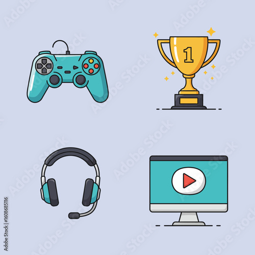 Gaming Equipment and Accessories Depicted with Controller Trophy Headset and Monitor