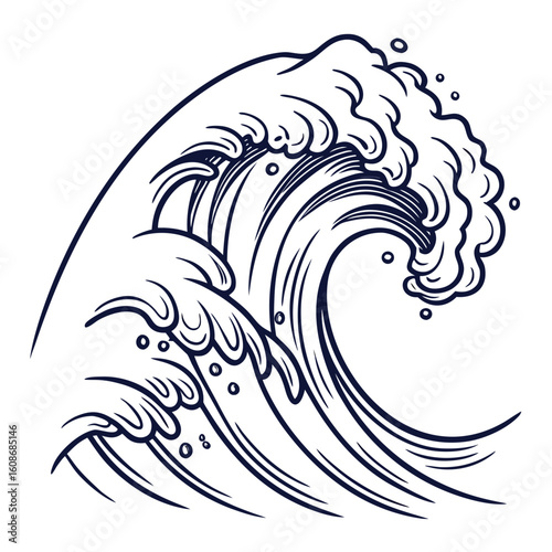 Stylized japanese wave illustration in dark blue ink on a white background