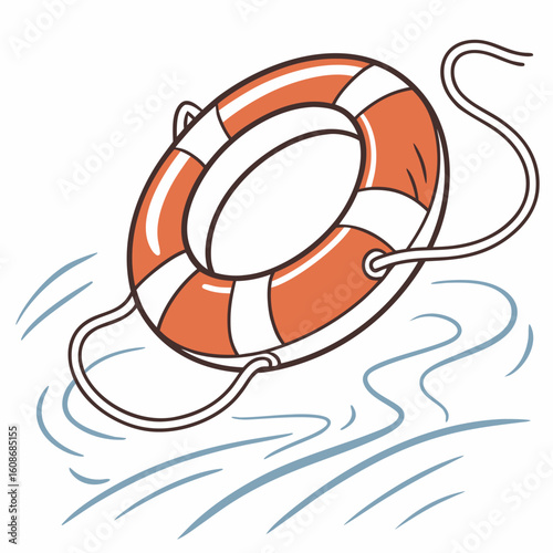 Orange and white life preserver ring floating on blue water with a rope