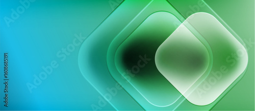 Abstract background features overlapping squares. Gradient transitions from blue to green create soft visual effect. Modern design.