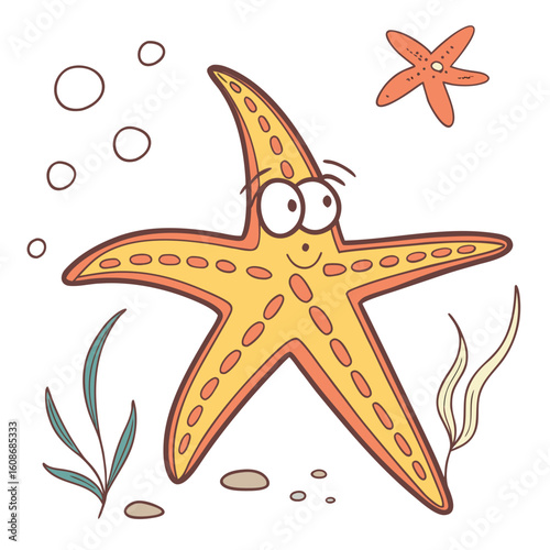 Cute cartoon yellow starfish with big eyes and a smile surrounded by seaweed and bubbles