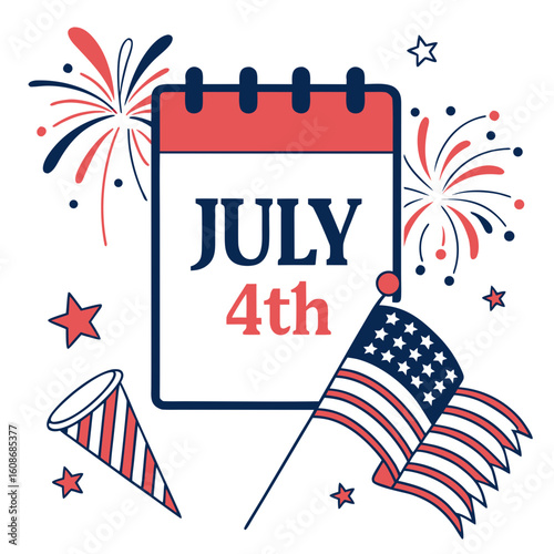 July fourth independence day celebration with fireworks and american flags
