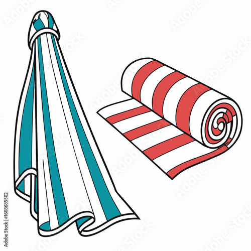 Striped beach umbrella and rolled beach towel isolated on white background