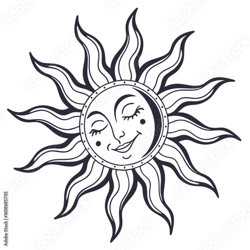 Whimsical sun and moon face illustration with radiating wavy rays and a contented expression