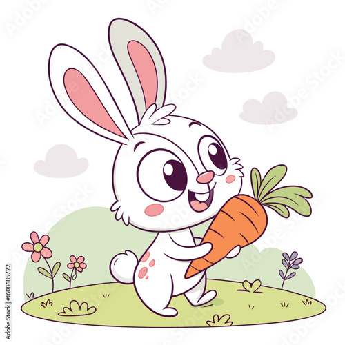 Cute cartoon rabbit holding a carrot in a happy spring illustration