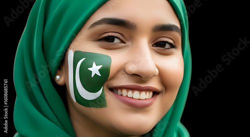 Smiling Pakistani woman with flag painted on cheek, celebrating Independence Day, vibrant and joyful portrait