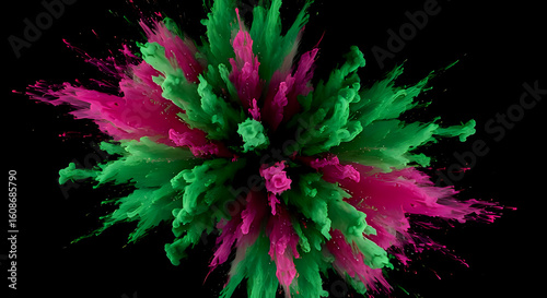 Dynamic explosion of vibrant green and magenta colors against a stark black background, perfect for creative projects and eye-catching designs