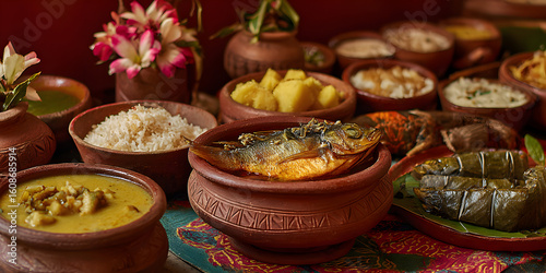 Traditional Bengali Panta Ilish meal in clay pots bengali food